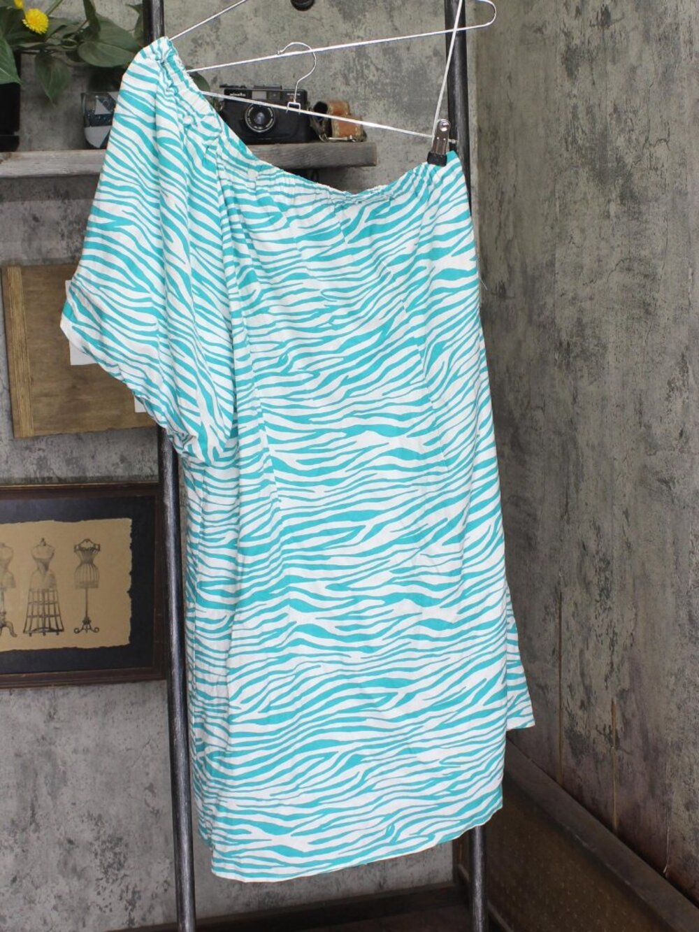 Bar Iii Blue Bar Iii One Shoulder Zebra Print Puff Sleeve Mini Dress Sz XL